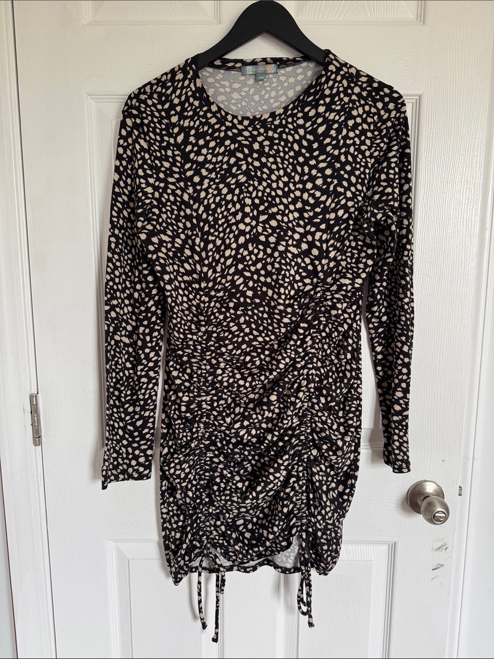 Good Luck Gem Black and Cream Long-Sleeve Ruched Drawstring Dress